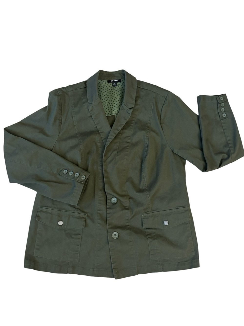 Torrid Cut Away Olive Green Button Front Blazer Barn Jacket Size 1 Women's 14-16